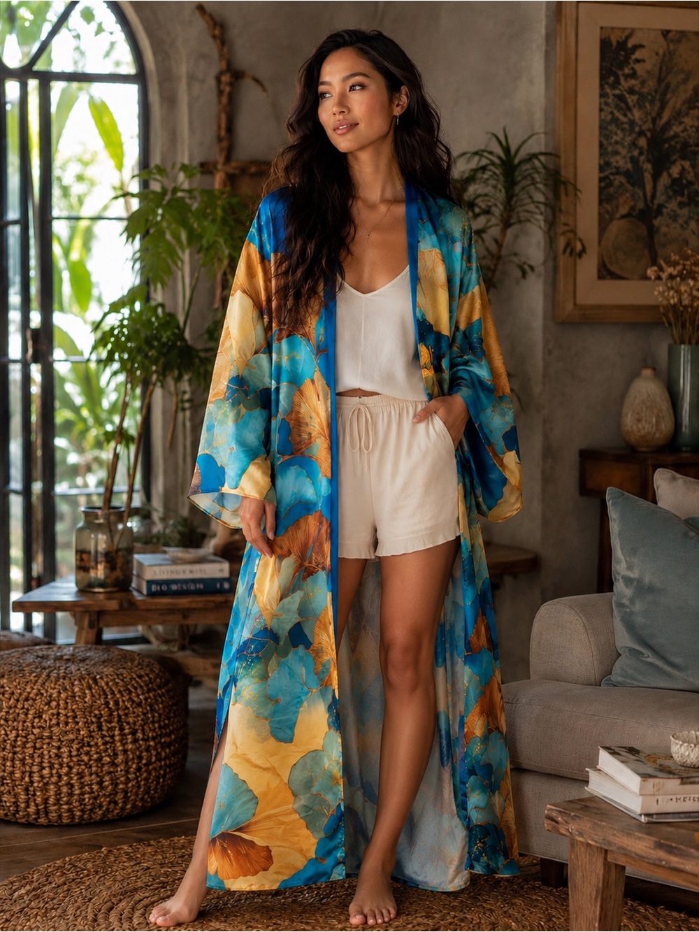 Vibrant Blue & Gold Floral Maxi Kimono